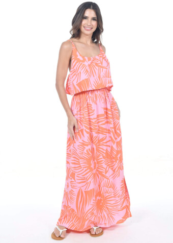 Meet the ahiahi big flower sun dress. Adjustable straps and a ruffle over layer add a feminine touch.