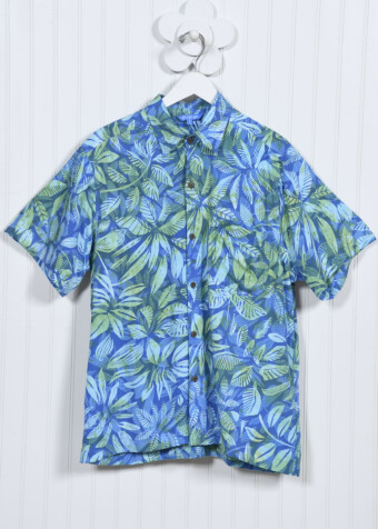 Blue stencil mens aloha shirt.