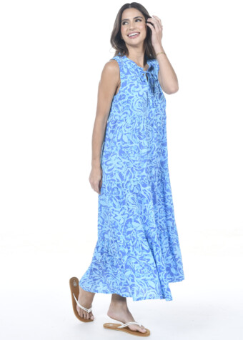 Side view of the Anna Dress in turquoise blue paisley print.