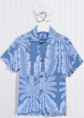 Blue royal palms mens aloha shirt.