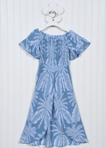 Girls skort dress in blue royal palms print. 