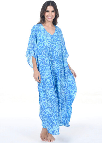 Our blue paisley fower caftan is versatile, can wear to lounge by the pool side and resort cover-up.