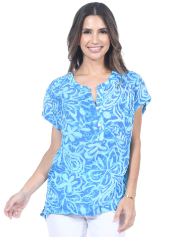 The blue paisley flower lily top is a great look for any occasion. Loose enough to not cling.