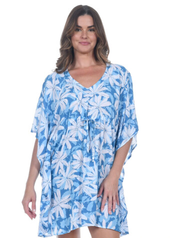 The blue and white tiare flower print tropez top is a breezy caftan that fits all sizes.