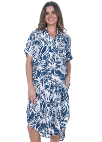 Blue & white flourish floral print shirt dress. 