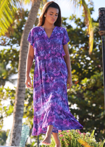 Our purple pineapple floral ruffle muu features a button front v neckline, and pleated bodice, front and back. Flattering flutter sleeves compliment the elegant flowy drape of this maxi dress.