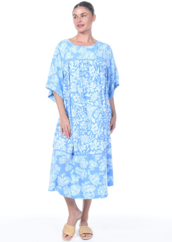 The Paific Muu is "one size fits most" Muu has a zipper in the back. Made of 100% rayon. Measures approximately 45 inches from shoulder to hem.