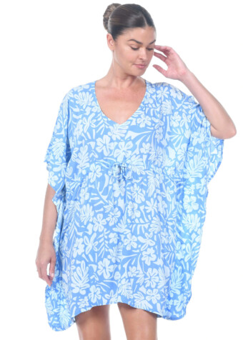 The blue and green flower mix tropez top is a breezy caftan that fits all sizes.