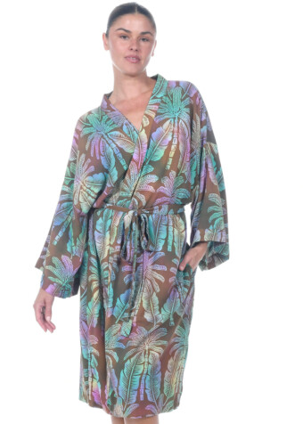 Relax and lounge in our kimono-style short robe in blue tall palms print. 