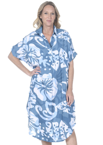 Blue & white double hibiscus print shirt dress. 