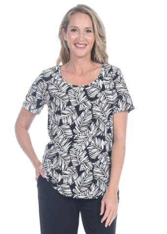 Meet our cotton island tee with black and white tropical fern leaf print.