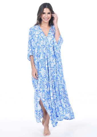 Island fashion resort wear for the tropics print Floral Kauai Caftan designed in Hawaii.