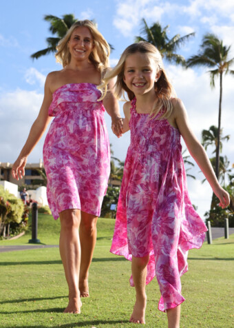 Pink plumeria sunburst strapless cruz dress.