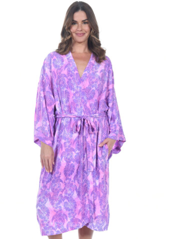 Relax and lounge in our kimono-style short robe in bold flower print.