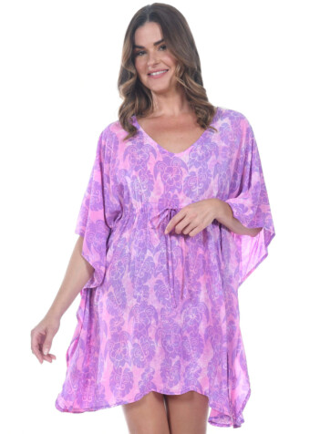 The pink and purple turtle lei tropez top is a breezy caftan that fits all sizes.