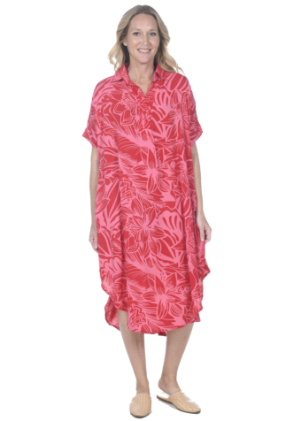 Red & pink hibiscus print shirt dress. 