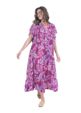Meet our multi pink palm strokes ruffle muu with elegant ruffles and pleated bodice, front and back.