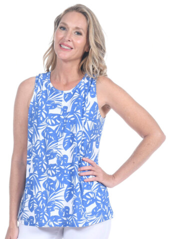 Scoop neck 100% cotton seam tank top with seams in blue and white split leaf print. 