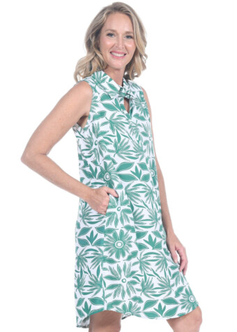 Trendy and stylish shirt dress in our green and white rio print.