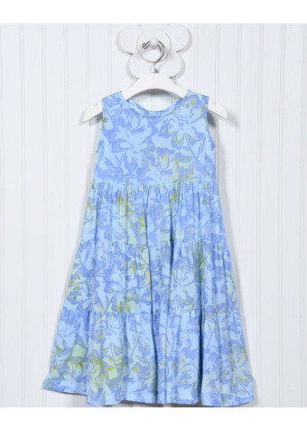 Front view of our girls blue sunny hibiscus tier dress. 