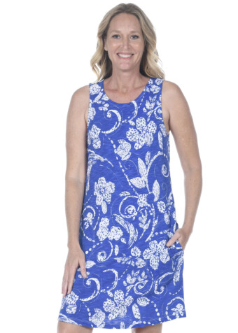 Meet our blue and white vintage scroll cotton tank dress. A classic fit and style, suitable for every body type. 