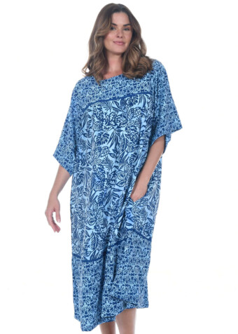 The Paific Muu is "one size fits most" Muu has a zipper in the back. Made of 100% rayon. Measures approximately 45 inches from shoulder to hem.