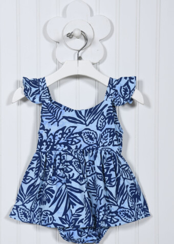 The fun set features a rounded neckline, 3/4" shoulder straps with ruffle trim and a gathered skirt.