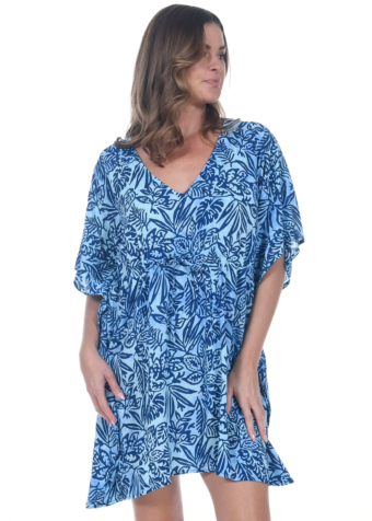 The blue garden print tropez top is a breezy caftan that fits all sizes.