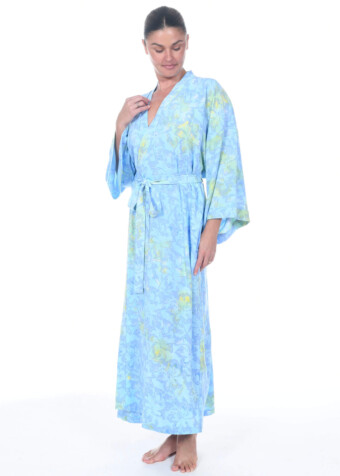 Relax and lounge in our kimono-style long robe in our blue sunny hibiscus print. 