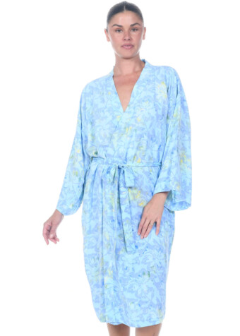Relax and lounge in our kimono-style short robe in blue green sunny hibiscus print.