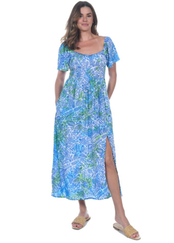 Form fitting ruched bodice with off shoulder sleeves. Front slit in midi length tropical dress