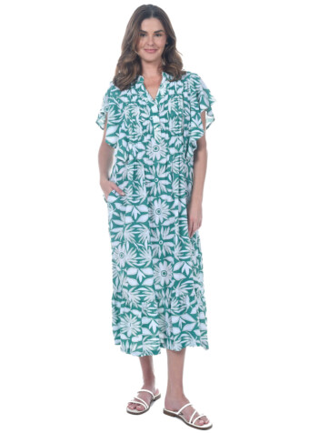 Our green and white ruffle muu features a button front v neckline, and pleated bodice, front and back. Flattering flutter sleeves compliment the elegant flowy drape of this maxi dress.