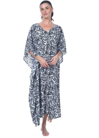 The black and white island breeze caftan is a breezy cover up that fits all sizes.