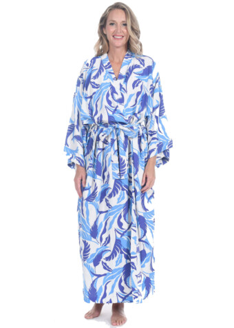 Relax and lounge in our kimono-style Long Robe in our purple paia palms print. 