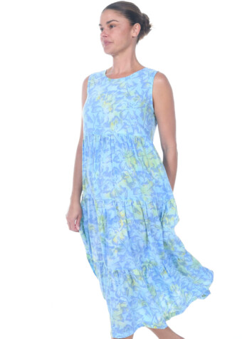 This easy sundress has contrasting prints alternating in cascading tiers.
